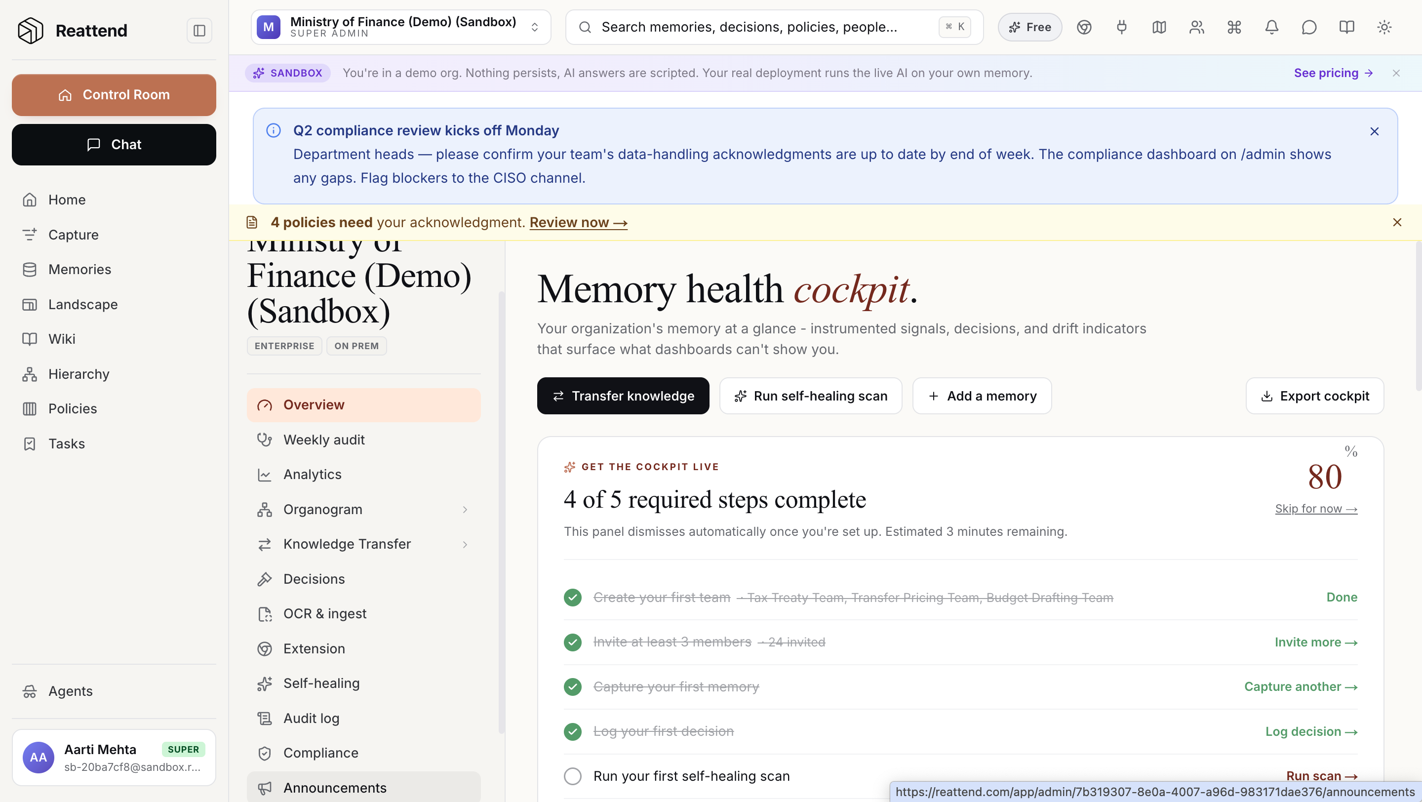 Reattend memory health cockpit with setup progress and instrumented signals