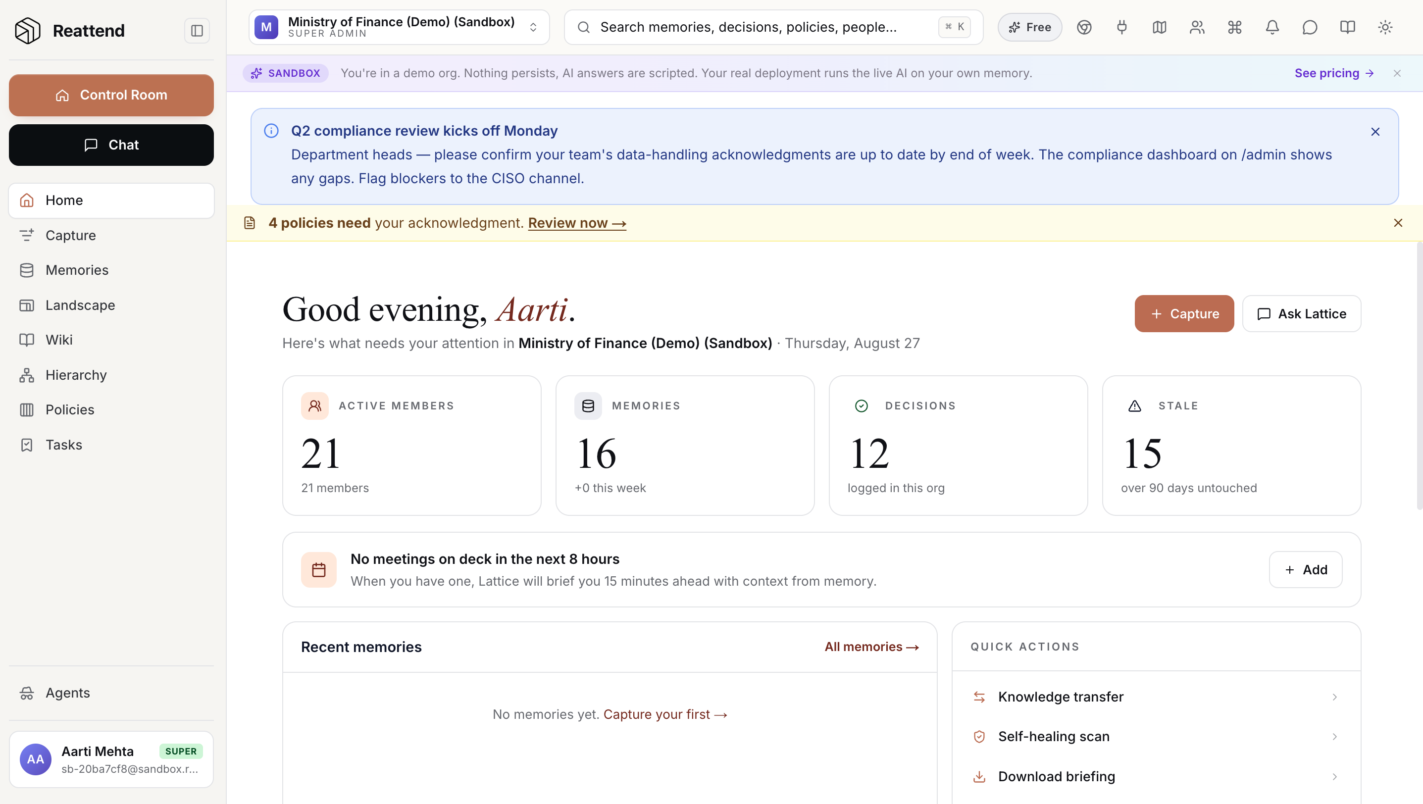 Reattend Control Room, showing active members, memories, decisions and stale records